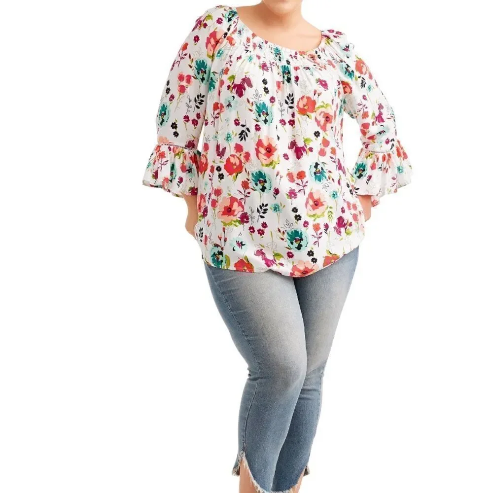 Terra & Sky White Floral lightweight soft woven knit fabric, 3/4-length sleeves